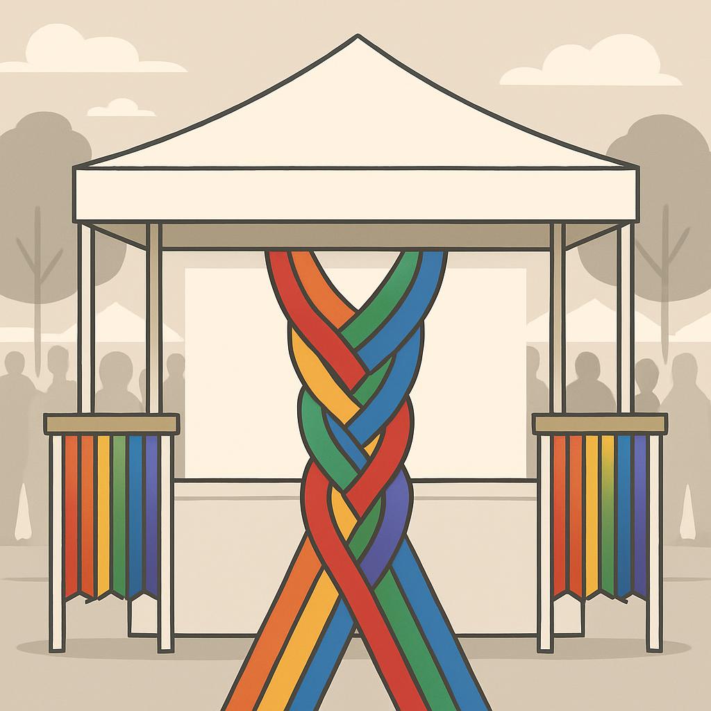 A illustration de colonnes avec des festonnés arc-en-ciel dans un kiosque.