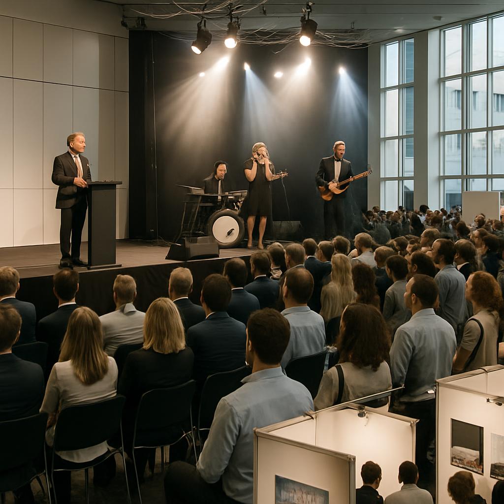 A crowd of people in front of a stage with performers playing instruments and singing, simultaneously observing a man givi...